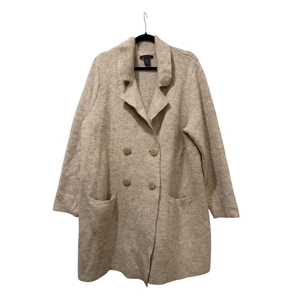Tahari Womens 3X Beige Wool Blend Double Breasted Knit Cardigan Coat Pockets